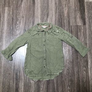 H&M Girls Green Studded Military Style Button-Up Shirt 8-9Y